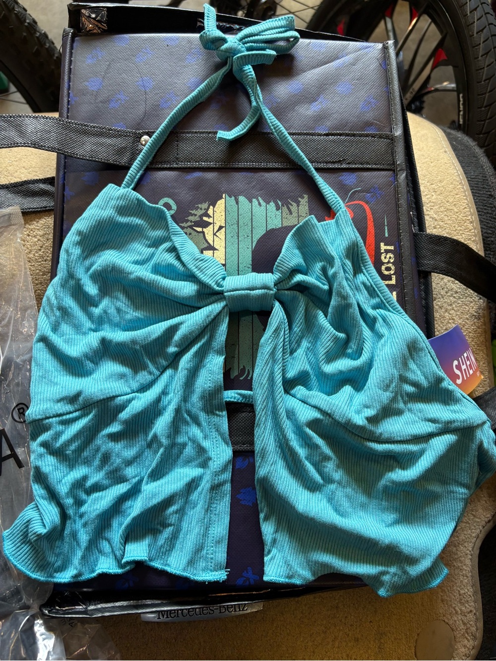 SHEIN Turquoise Ribbed Halter Crop Top with Front Knot